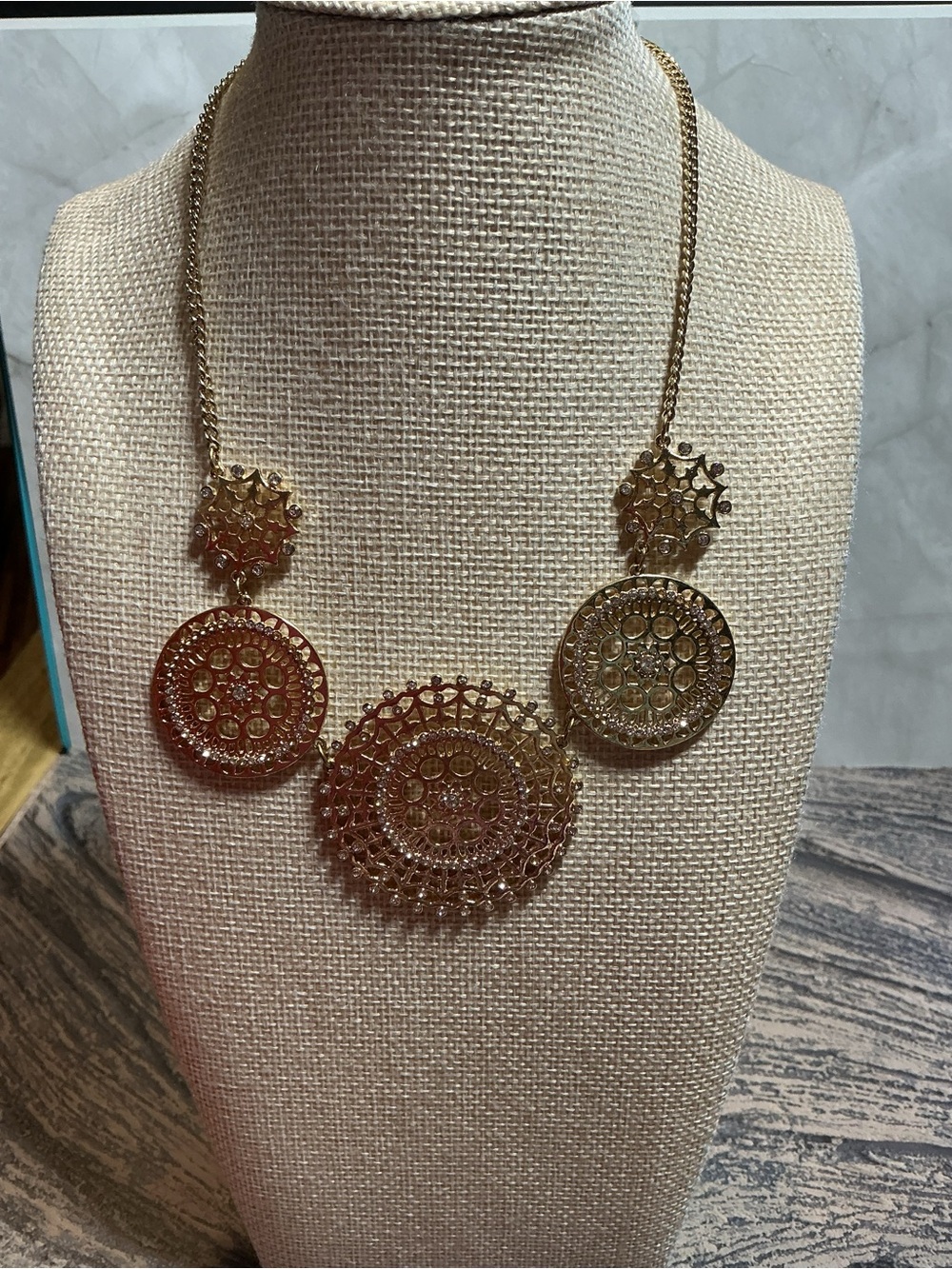 Gold Tone with Rhinestone Filigree Disk Necklace